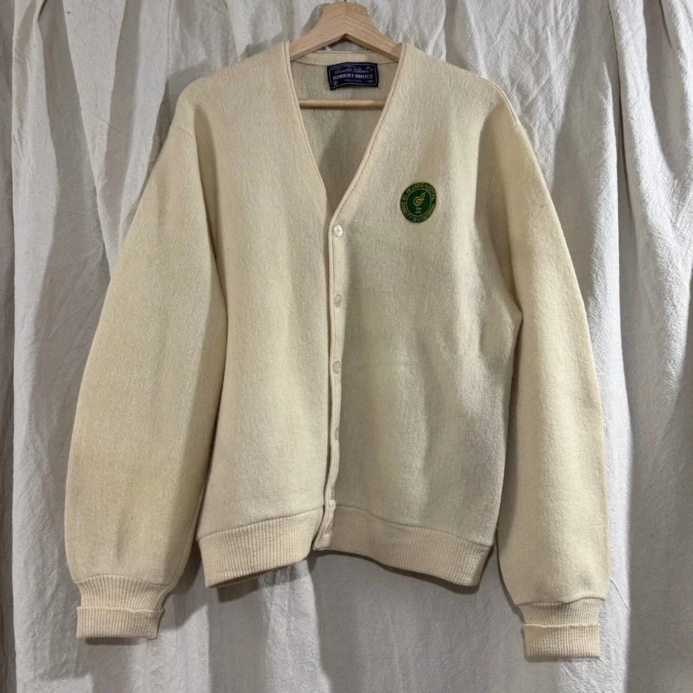 Vintage Arnold Palmer Robert Bruce Cardigan Sweater Cream XL Golf 60s 70s USA